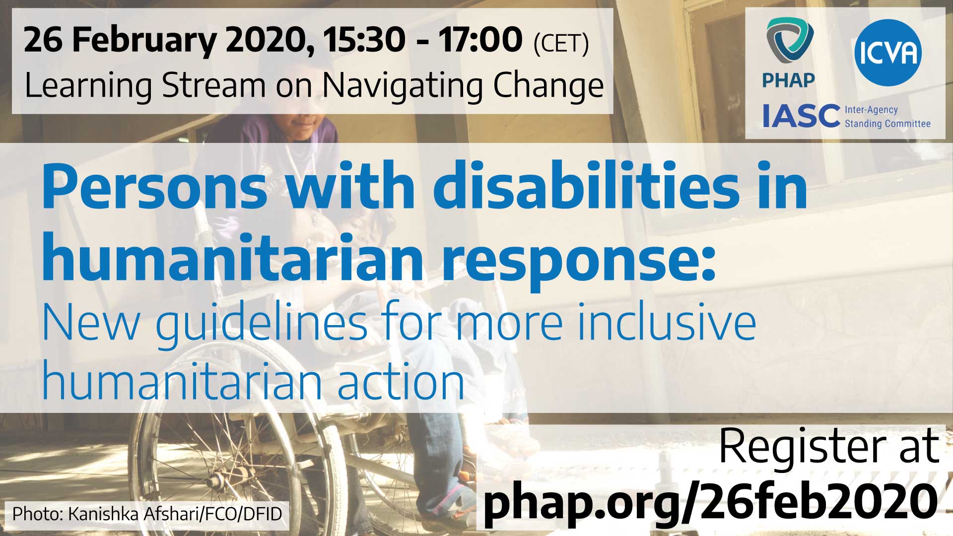 Banner for the webinar Persons with disabilities in humanitarian response: New guidelines for more inclusive humanitarian action