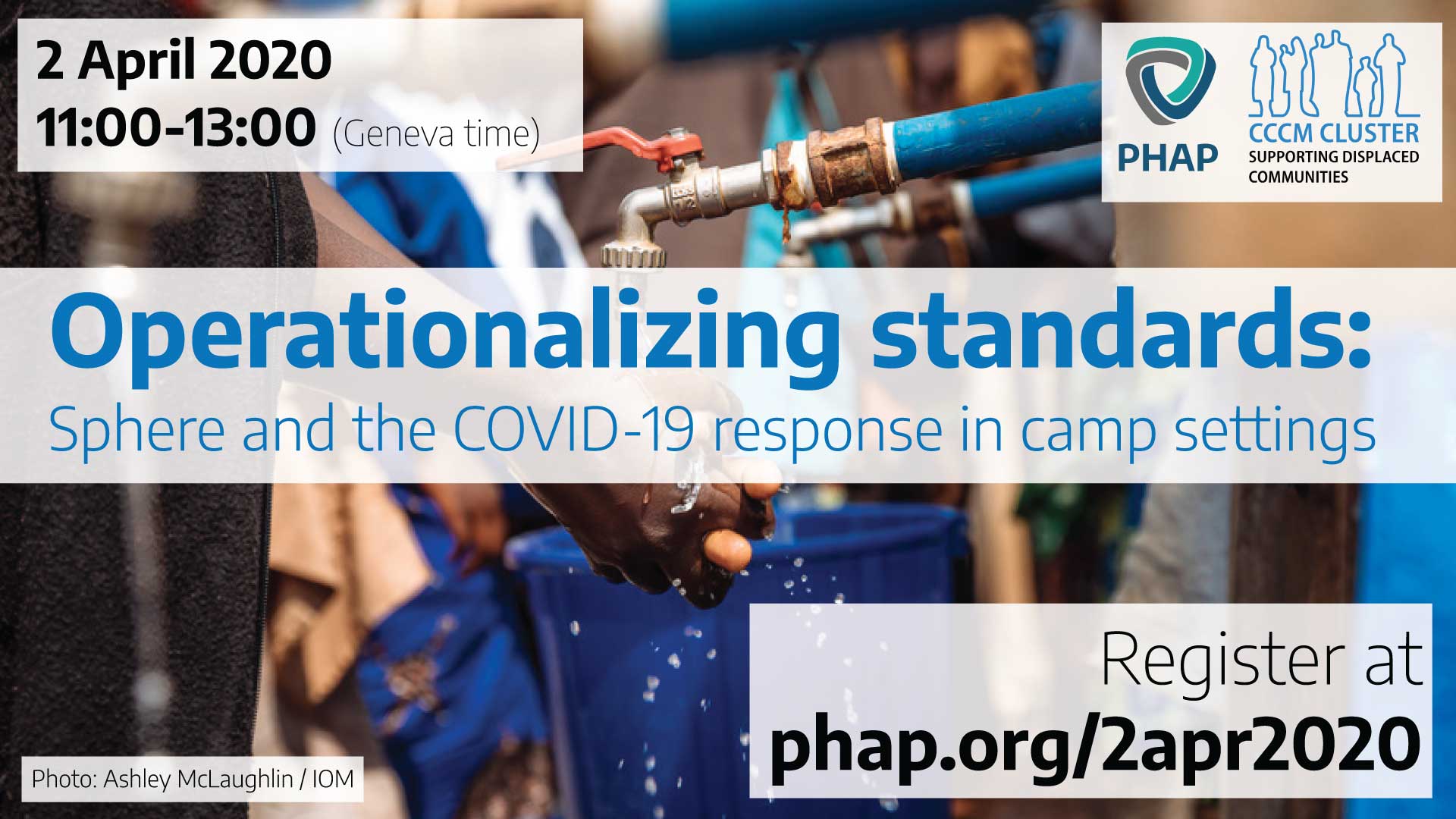 Banner for the webinar Operationalizing standards: Sphere and the COVID-19 response in camp settings