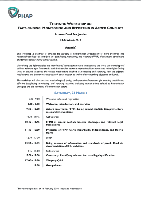 Agenda for the Amman/Dead Sea 2019 Thematic Workshop on Fact-finding, Monitoring, and Reporting in Armed Conflict